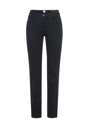Zwarte spijkerbroek van denim, met een straight-leg ontwerp, vijf zakken, een knoopsluiting en een gladde textuur.