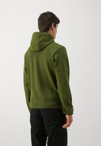 Sweat à capuche vert olive, présentant une texture lisse, une coupe ajustée et une poche kangourou. Vue de dos avec des manches raglan.
