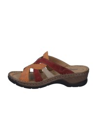Multicolored open-toed sandal featuring red, orange, and white leather straps, a cushioned footbed, and a low, textured brown wedge sole.