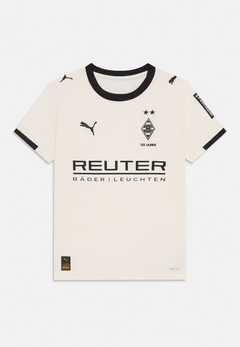 Valkoinen jalkapallopaita mustilla yksityiskohtilla, jossa on pyöreä kaulus, logo, "125 Jahre" -teksti ja sponsoribrändäys. Valmistettu hengittävästä kankaasta.