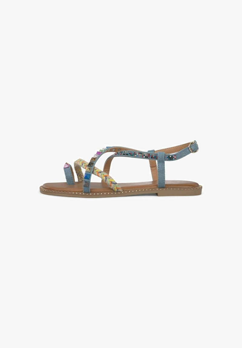 Flat sandals featuring a blue fabric upper with colorful braided accents, a brown sole, and decorative gold studs along the edge.