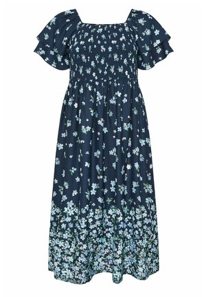 Robe midi bleu marine avec corsage froncé, manches volantées et imprimé floral dispersé en bleu clair et blanc.