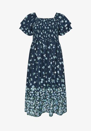 Navyblauwe midi-jurk met een gerimpelde lijfje, wapperende mouwen en een verstrooide lichtblauwe en witte bloemenprint.