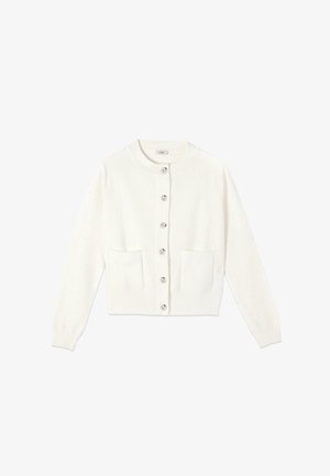 Cárdigan blanco abotonado con mangas largas, dos bolsillos delanteros y cuello redondo, mostrado extendido sobre un fondo blanco.