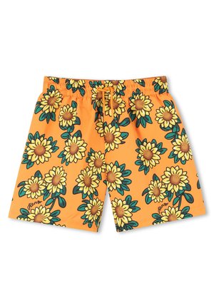 Shorts de bain orange ornés d'un motif de tournesols avec des feuilles vertes. Taille élastique avec cordon de serrage. Fabriqués dans un matériau léger et séchant rapidement.