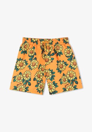 Shorts de bain orange ornés d'un motif de tournesols avec des feuilles vertes. Taille élastique avec cordon de serrage. Fabriqués dans un matériau léger et séchant rapidement.