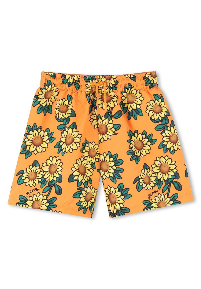 Shorts de bain orange ornés d'un motif de tournesols avec des feuilles vertes. Taille élastique avec cordon de serrage. Fabriqués dans un matériau léger et séchant rapidement.