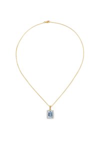 Guldkæde med en rektangulær blå ædelstensvedhæng, omkranset af klare accentsten i en metallisk indfatning.