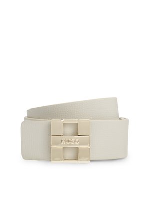 Cintura in pelle beige chiaro arrotolata con fibbia quadrata dorata con logo "HUGO" in rilievo al centro.