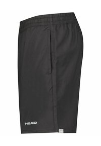 Zwarte sportshorts van lichtgewicht materiaal, met een elastische tailleband, zijzak en een logo aan de onderkant links.