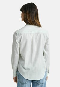 Lichtgroene en witte gestreepte shirt met een puntkraag en knopenmanchetten, voorzien van een rugplooi en een gebogen zoom.