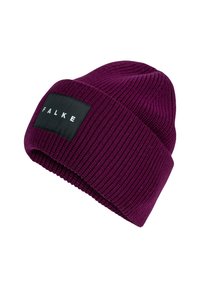 Paars geribd gebreid beanie met opgevouwen manchet, voorzien van een zwart rechthoekig label met de tekst "FALKE" in witte letters.