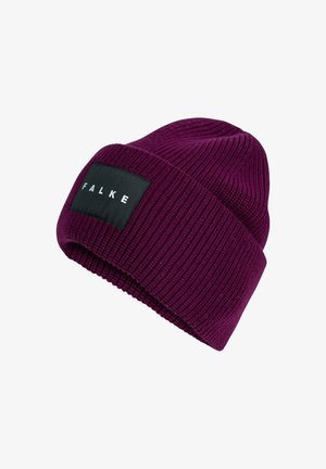Paars geribd gebreid beanie met opgevouwen manchet, voorzien van een zwart rechthoekig label met de tekst "FALKE" in witte letters.