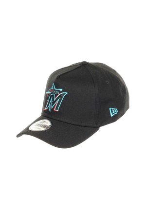 Black cap with a curved brim, featuring an embroidered multicolor Miami Marlins logo on the front and a contrasting logo on the side.