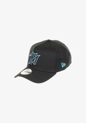 Black cap with a curved brim, featuring an embroidered multicolor Miami Marlins logo on the front and a contrasting logo on the side.