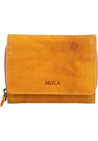 Leather wallet in vibrant yellow. Features a smooth texture, zip closure with a small pull, and embossed "MIKA" logo on the front.