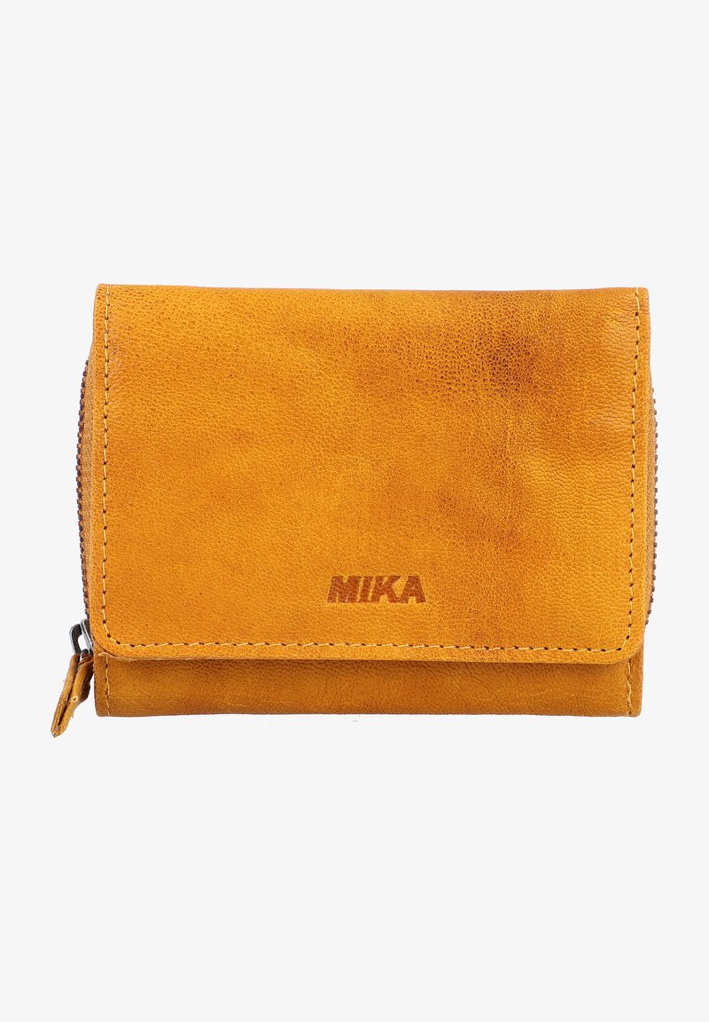 Lederen portemonnee in een levendige gele kleur. Heeft een gladde textuur, een ritssluiting met een kleine trekker en een reliëf "MIKA" logo aan de voorkant.