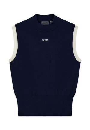 Marineblauer ärmelloser Pulloverweste mit weißer Einfassung an den Armlöchern, geripptem Rundhalsausschnitt und Saum sowie dem "GUESS"-Logo in der Mitte der Brust.