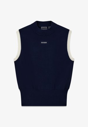 Marineblauwe mouwloze trui met witte bies rond de mouwopeningen, geribde ronde hals en zoom, en het "GUESS" logo gecentreerd op de borst.
