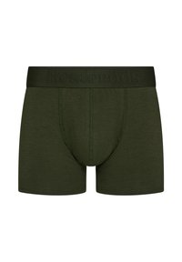 Oliven grønne boxershorts lavet af blødt stof med en bred taljeelastik med præget logo, flade sømme og et kontureret pouches design.