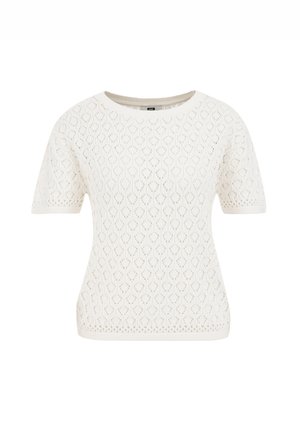 White knitted short-sleeve top with a textured diamond pattern, round neck, and contrasting sleeve cuffs. Lightweight and breathable design.