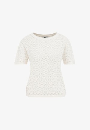 Witte gebreide top met korte mouwen, voorzien van een textuur met een diamantpatroon, ronde hals en contrasterende mouwboorden. Lichtgewicht en ademend ontwerp.