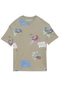 Jasny khaki t-shirt z krótkim rękawem, ozdobiony żywymi grafikami kontrolera do gier wideo oraz napisami takimi jak "GAME OVER" i "LEVEL UP". Wykonany z miękkiej mieszanki bawełny.