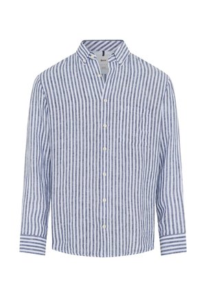 Langærmet skjorte med knapper, med lodrette blå og hvide striber, knappet krave, brystlomme og stribede manchetter.