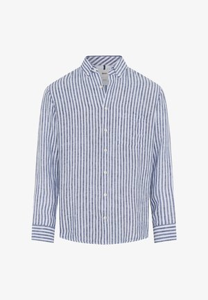 Langärmliges Hemd mit Knopfleiste, vertikalen blauen und weißen Streifen, Button-Down-Kragen, Brusttasche und gestreiften Manschetten.