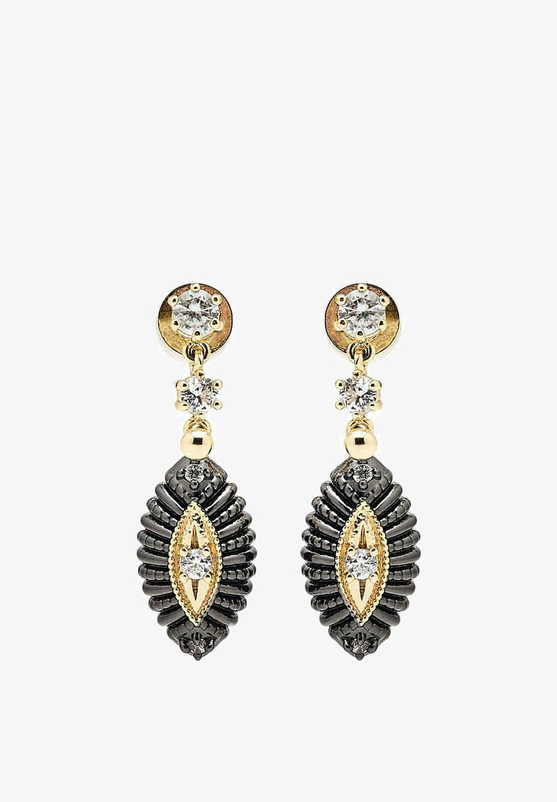 Boucles d’oreilles pendantes or et noir avec des pierres précieuses claires rondes et en forme d’étoile, présentant un design ovale côtelé et des pierres centrales scintillantes.