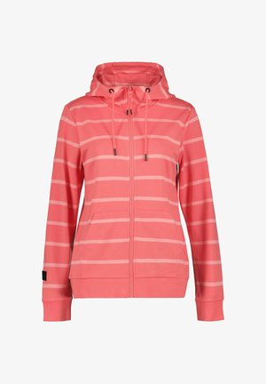 Korallinvärinen vetoketjullinen huppari, jossa on hupullinen, vaaleampien vaakaraitojen koristama, kaksi etutaskua ja säädettävät kiristysnauhat.