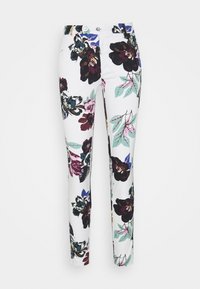 Blommiga byxor med vit botten, prydda med stora mörka blommor i vinröd och svart, accentuerade av gröna och rosa blad. Slim fit-design.