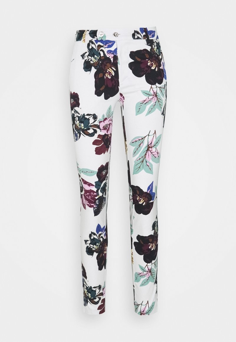 Blommiga byxor med vit botten, prydda med stora mörka blommor i vinröd och svart, accentuerade av gröna och rosa blad. Slim fit-design.