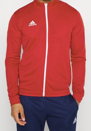 Osoba w czerwonej rozpinanej kurtce Adidas z białym logo i niebieskich spodniach Adidas, stojąca na jasnym, jednolitym tle.