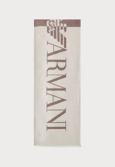 Beige sjaal met het "ARMANI" logo in bruin. Rectangulaire vorm met een zachte textuur en franjes aan de randen. Minimalistisch ontwerp, hoogwaardige materialen.