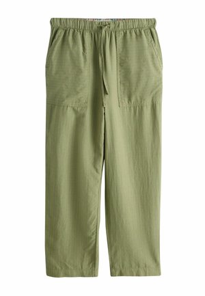 Heledad rohelised vabaajapüksid elastse vöörihma, paelaga, kahe eest taskuga ja peene vertikaalse triibumustriga.