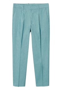 Hellblaue, strukturierte Stoffhose mit geradem Schnitt, zwei Seitentaschen und einer flachen Vorderseite mit Bundfalten für zusätzliche Details.