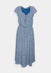 Blå blommig klänning med korta ärmar, knytning i midjan och en flödande kjol. Tillverkad av lättviktig tyg med ett litet vitt blommönster.