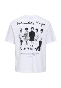 White cotton t-shirt featuring a black graphic print of five figures standing in front of text "Definitely Maybe" on the back.