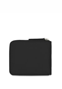 Portafoglio in pelle nera con una texture liscia e chiusura con zip. Presenta un design rettangolare semplice e una cucitura visibile lungo i bordi.