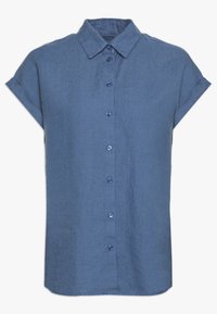 Blå kortärmad skjorta med knäppning i ett andningsbart material, med krage och rak skärning samt synliga blå knappar framtill.