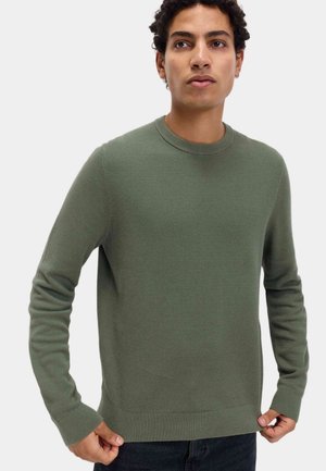 Junger Mann, der einen olivgrünen, strukturierten Pullover mit langen Ärmeln anpasst, steht mit neutralem Gesichtsausdruck vor einem einfarbigen hellen Hintergrund.