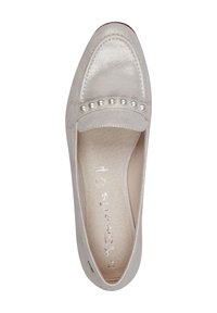 Light grey loafers made of glossy material, featuring a pearl accent band across the front and a smooth textured insole.