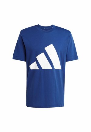 Blue cotton t-shirt featuring a large white three-stripe logo design on the front, with a classic crew neck and short sleeves.