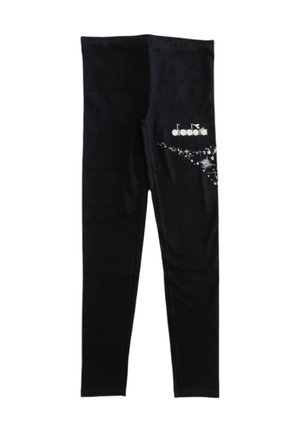 Leggings sportive neri con logo "diadora" bianco e design scintillante sulla coscia, posati in piano su uno sfondo bianco.