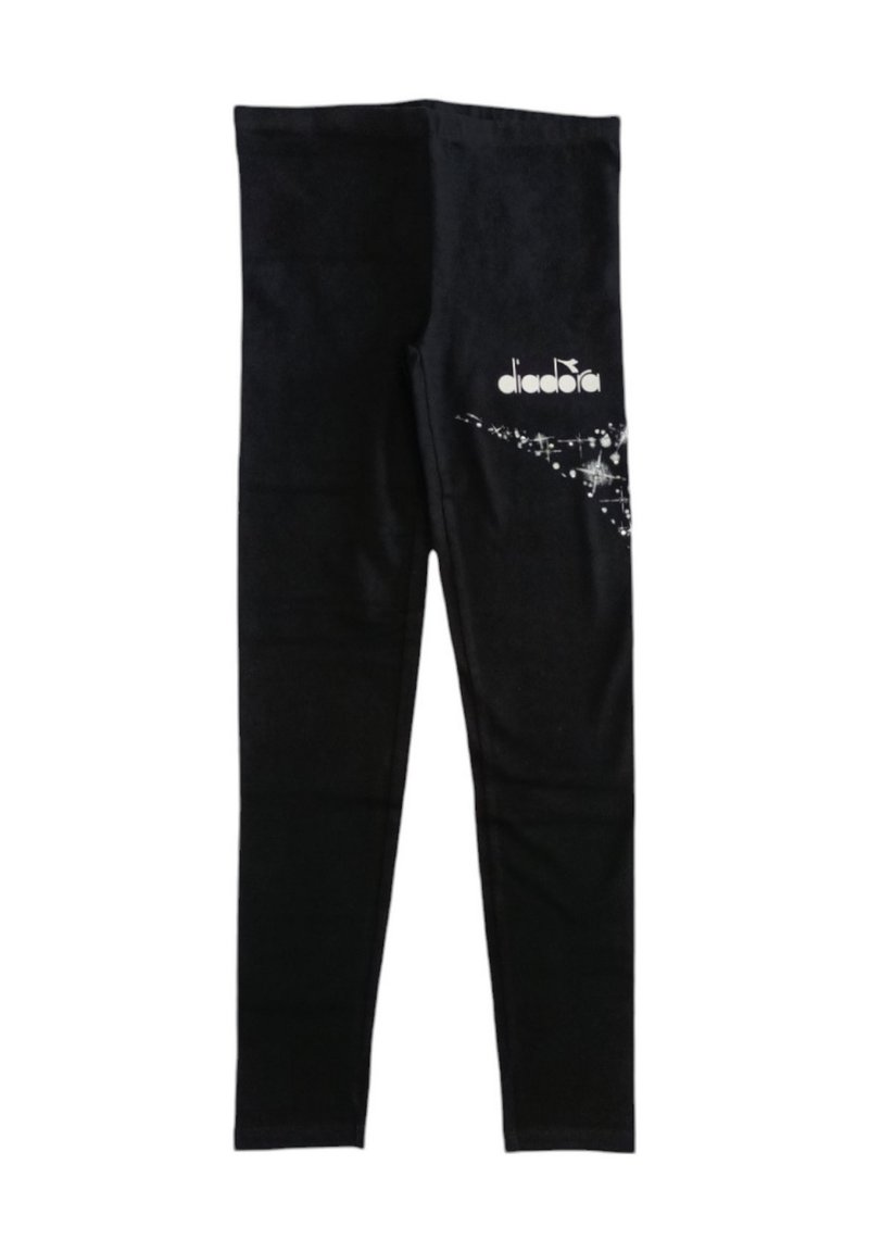 Leggings sportive neri con logo "diadora" bianco e design scintillante sulla coscia, posati in piano su uno sfondo bianco.