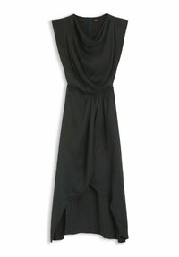 Schwarzes Kleid mit kurzen Kappärmeln, drapiertem Wasserfallausschnitt und asymmetrischem Saum. Hergestellt aus weichem Stoff mit glatter Textur, ausgestattet mit einem Reißverschluss am Rücken.