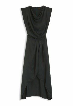 Schwarzes Kleid mit kurzen Kappärmeln, drapiertem Wasserfallausschnitt und asymmetrischem Saum. Hergestellt aus weichem Stoff mit glatter Textur, ausgestattet mit einem Reißverschluss am Rücken.