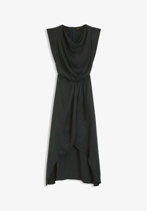 Schwarzes Kleid mit kurzen Kappärmeln, drapiertem Wasserfallausschnitt und asymmetrischem Saum. Hergestellt aus weichem Stoff mit glatter Textur, ausgestattet mit einem Reißverschluss am Rücken.