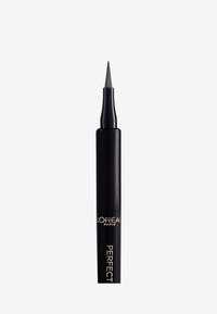 Eye-liner liquide noir en stylo avec une pointe fine et pointue. Présente un design élégant avec un texte doré indiquant "L'Oréal Paris Perfect". Fini lisse et mat.